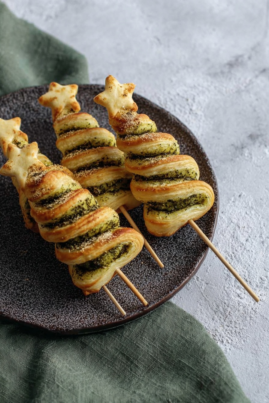Pesto Puff Pastry Christmas Trees, festive appetizer ideas, easy holiday appetizers, Christmas party snacks, puff pastry recipes - The image shows six Christmas tree-shaped puff pastries on wooden sticks, arranged on a dark textured round plate placed on white linen cloth and a green cloth on a white marbled surface. Each pastry has a golden-brown puff pastry base with green herb seasoning spread in swirled layers, giving the trees a two-tone look with slightly crispy edges. Topping each tree is a small star made of pale cheese, placed at the tip of the puff pastry. The overall look combines the light flaky texture of the dough with the darker green herbs, making the shapes stand out clearly. Photo taken with an iphone --ar 2:3 --v 7