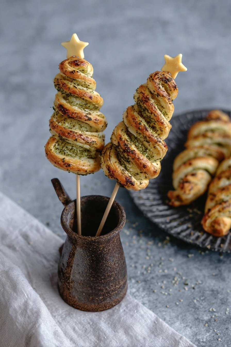 Pesto Puff Pastry Christmas Trees, festive appetizer ideas, easy holiday appetizers, Christmas party snacks, puff pastry recipes - The image shows two puff pastry snacks shaped like Christmas trees, each made of several wavy layers of golden-brown dough twisted tightly. The pastry trees have a dusting of green herb seasoning on the surface, giving a speckled green and tan look. Each tree is on a wooden stick, topped with a small pale yellow star-shaped cheese piece. The sticks are placed inside a rustic, dark brown metal pitcher, standing on a white marbled surface with a white cloth next to it. In the background, more pastry trees lie on a dark gray textured plate, slightly blurred to keep the focus on the front two. photo taken with an iphone --ar 2:3 --v 7