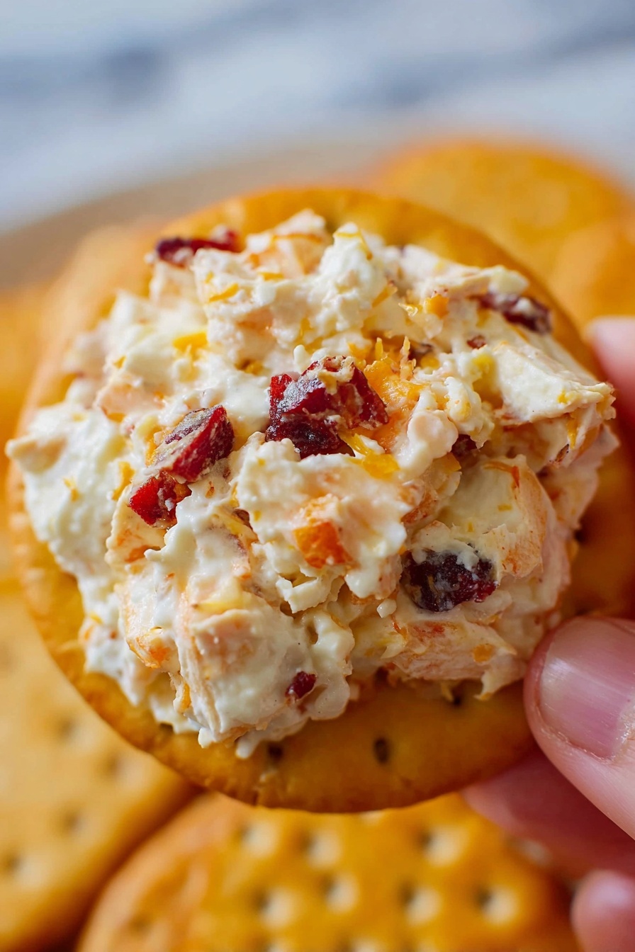 Cranberry Orange Cream Cheese Spread, easy fruit cream cheese spread, holiday appetizer ideas, no-cook fruit spread, flavorful cheese dip - A close-up image showing a round golden cracker held by a woman's hand, topped with a creamy, chunky mixture. The mixture has a white base with bright orange pieces and dark red bits scattered throughout, creating a textured look. The cracker's surface has small visible holes and a slightly uneven golden brown color. The background is soft and blurred, featuring a white marbled texture with other crackers faintly visible. photo taken with an iphone --ar 2:3 --v 7