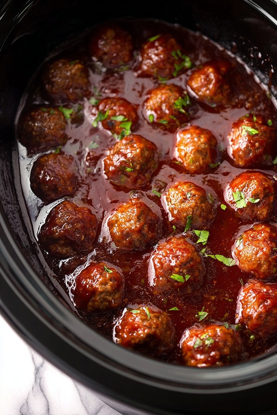 Bourbon Slow Cooker Meatballs, bourbon meatballs, slow cooker meatballs, easy bourbon meatballs, flavorful meatball recipe - Inside a black slow cooker, there are two layers: the bottom layer is a thick, dark red sauce with a shiny surface, and on top are many small, round meatballs coated in the sauce. The meatballs are brown with a slightly textured surface and are sprinkled with small green herbs. The sauce glistens and pools around the meatballs, creating reflections in the slow cooker. The background visible outside the slow cooker shows a white marbled texture. photo taken with an iphone --ar 2:3 --v 7
