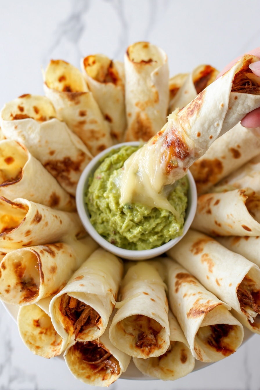 Cheesy Chicken Burrito Ring, cheesy chicken burrito ring, chicken burrito ring recipe, easy burrito ring, cheesy appetizer ideas - A white plate on a white marbled surface holds about ten rolled tortillas arranged in a circular pattern. Each tortilla is slightly toasted with some brown spots and melted cheese visible on a few pieces. In the center of the plate, there is a small white bowl filled with green guacamole that has a smooth but slightly chunky texture. A woman's hand with red painted nails is lifting one tortilla upright, showing some melted cheese stretching between the tortilla and the plate, adding a melted, stringy texture to the scene. The lighting is bright and clean, emphasizing the fresh colors and textures. photo taken with an iphone --ar 2:3 --v 7