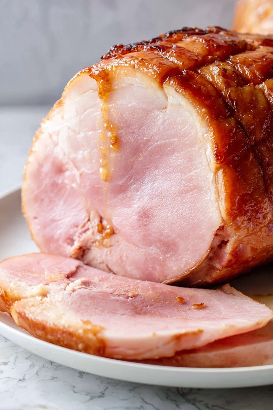 Brown Sugar Mustard Glazed Ham, flavorful ham glaze, holiday ham recipes, caramelized ham glaze, easy ham for holidays - A thick slice of cooked ham with a shiny light pink inside and a brown outside crust sits on a white plate. You can see the glossy glaze coating the top and sides, with some darker caramelized spots around the edges. The ham is juicy and soft, with smooth texture and slight marbling of fat near the edges. The slice is placed in front of a large chunk of the remaining ham, showing a similar layered texture and a slightly wrinkled outer skin. The plate rests on a white marbled surface. Photo taken with an iphone --ar 2:3 --v 7