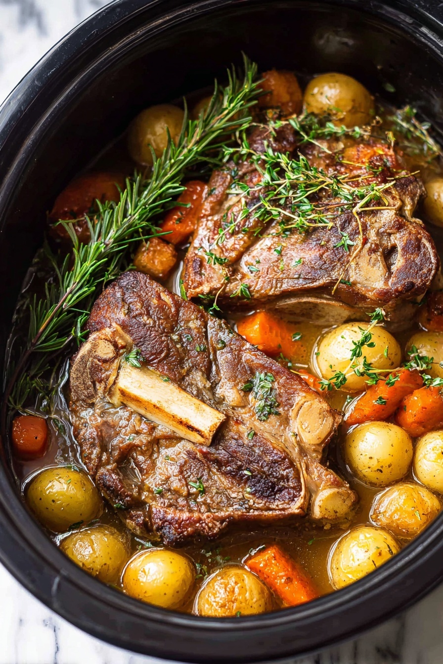 Slow Cooker Pork Roast with Vegetables, easy pork roast recipe, hearty slow cooker meals, tender pork shoulder recipe, weekend comfort food - Inside a black slow cooker, there is one large browned piece of meat placed in the center, surrounded by small whole golden potatoes and thick orange carrot chunks. The dish is garnished with sprigs of fresh green rosemary and thyme scattered on top. A light brown broth fills the bottom and coats the ingredients, creating a shiny texture. The slow cooker sits on a white marbled surface. photo taken with an iphone --ar 2:3 --v 7
