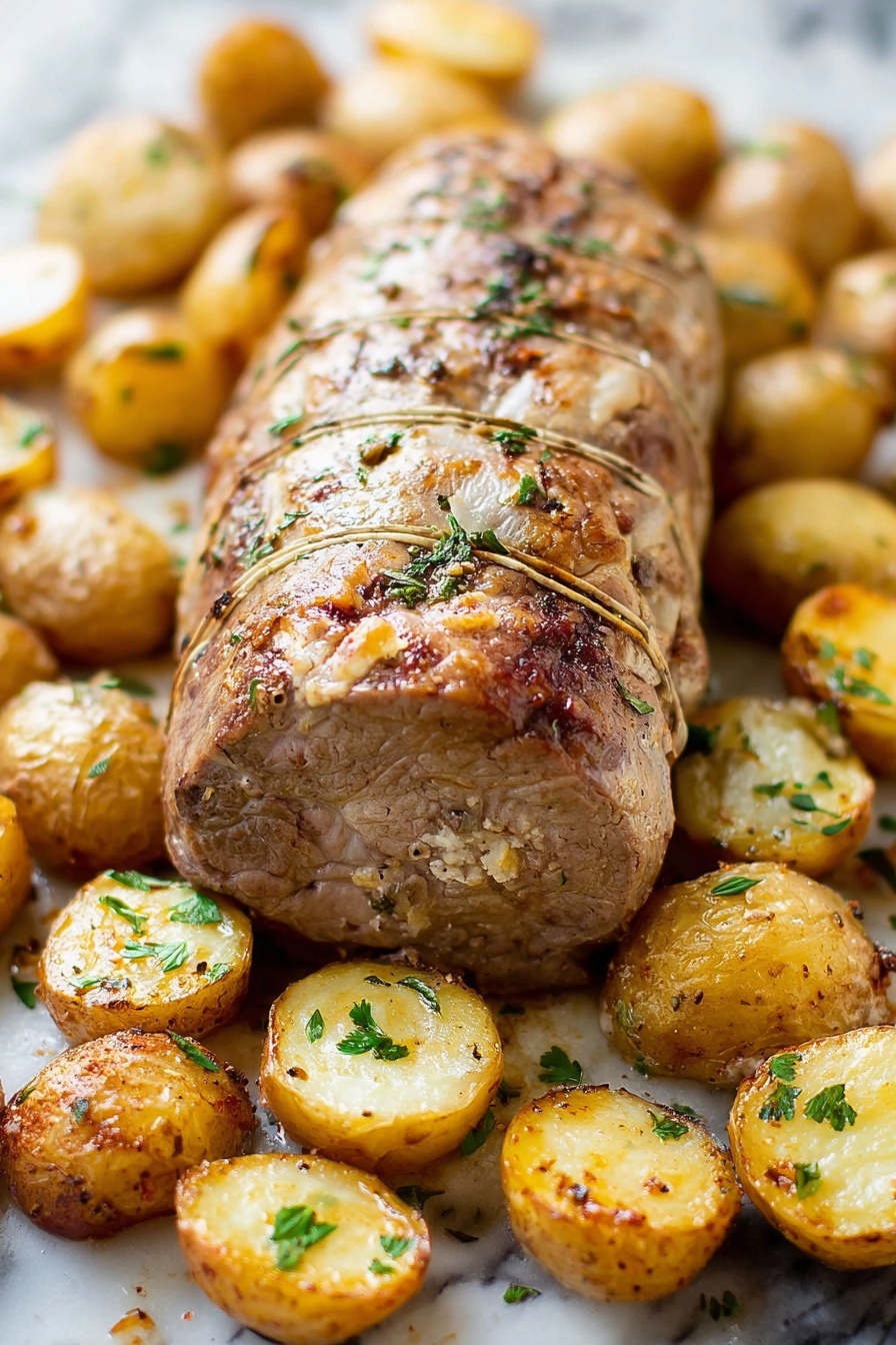 Stuffed Pork Tenderloin with Sun-Dried Tomatoes, stuffed pork tenderloin, sun-dried tomato pork, elegant pork dinner, easy stuffed pork recipe - A cooked, round roast tied with string is placed in the center on a white marbled surface, showing a light golden brown roasted exterior with some herbs sprinkled on top. Surrounding the roast are many halved roasted potatoes with golden brown spots and light green herb garnishes, positioned unevenly around the roast. The texture of the roast is smooth with some crispy edges, and the potatoes have a slightly crispy outer skin with soft, light yellow flesh inside. photo taken with an iphone --ar 2:3 --v 7
