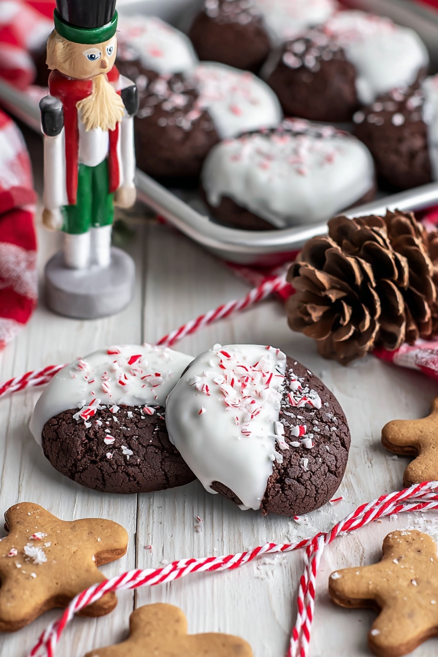 Chocolate Peppermint Candy Cane Cookies, festive holiday cookies, peppermint chocolate cookies, Christmas cookie recipes, easy holiday dessert - The image shows dark brown chocolate cookies lightly cracked on the surface, each half-dipped in smooth white icing and sprinkled with small red and white peppermint bits on top. The cookies are arranged on a white wooden table and a silver baking tray, accompanied by several natural pine cones. Bright red and white striped string weaves through the cookies, adding a festive touch. A wooden nutcracker figure wearing white and green sits in the background holding small wooden gingerbread-shaped decoration pieces. The overall scene feels warm and holiday-themed. photo taken with an iphone --ar 2:3 --v 7