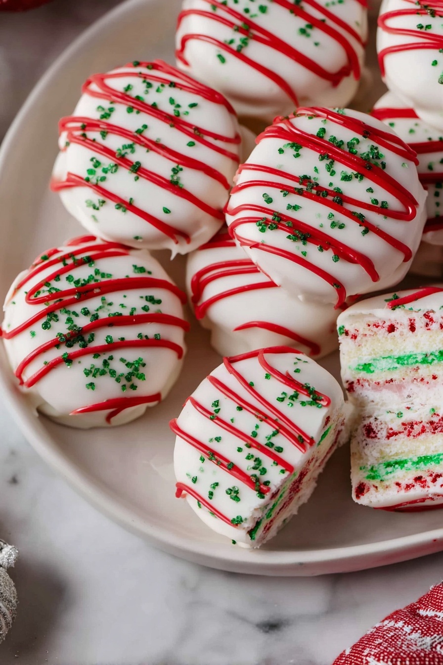 Christmas Tree Cake Truffles with Little Debbie, festive holiday treats, easy Christmas dessert ideas, Christmas cake truffles recipe, holiday chocolate truffles - A white round plate holds several small round treats, each layer smooth and covered with white icing. Red icing is drizzled over the top in curved lines, creating a festive look. Small green sprinkles are scattered across the white icing, adding texture and color contrast. The plate is placed on a white marbled surface. Part of a square treat with the same colors and decorations is visible on the right side of the plate, slightly bigger and showing three layers. photo taken with an iphone --ar 2:3 --v 7
