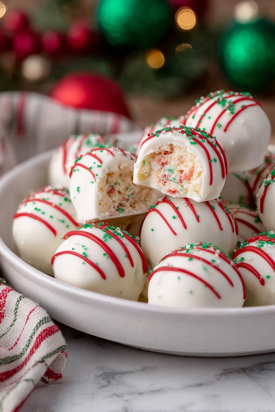 Christmas Tree Cake Truffles with Little Debbie, festive holiday treats, easy Christmas dessert ideas, Christmas cake truffles recipe, holiday chocolate truffles - A white round plate filled with smooth, white-coated round truffles decorated with thin red stripes and small green sprinkles. One truffle is open, showing a soft, crumbly interior with red and green flecks. The plate sits on a white marbled surface, and blurred holiday decorations with green and red colors are visible in the background. photo taken with an iphone --ar 2:3 --v 7