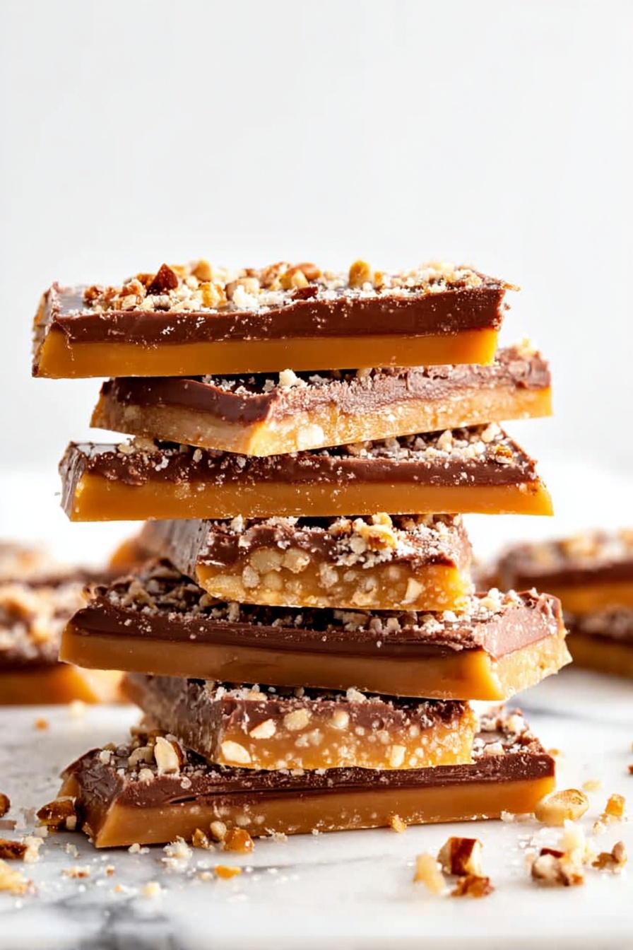 Homemade Toffee with Chocolate and Pecans, Toffee recipe with chocolate and pecans, easy toffee with nuts and chocolate, homemade brittle with pecans, caramel toffee dessert - The image shows a stack of chocolate-covered bars with three clear layers: a bottom layer of light golden caramel, a middle layer of orange toffee, and a thick top layer of dark glossy chocolate sprinkled with crushed pale and brown nuts. The bars are cut into irregular rectangles and angled on a shiny metal tray, with one piece tilted to show the caramel and toffee layers inside. The background has a white marbled texture. photo taken with an iphone --ar 2:3 --v 7