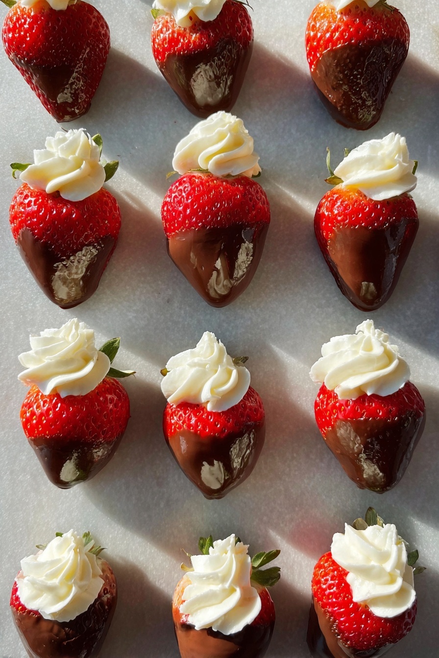 Chocolate Covered Cheesecake Strawberries, strawberries dessert, chocolate covered strawberries, cheesecake strawberries, easy fruit desserts - The image shows a grid of fresh strawberries, each dipped halfway in smooth milk chocolate forming the bottom layer with a shiny, slightly rippled texture. On top of the strawberry's bright red part, there is a generous swirl of cream with a soft, fluffy texture that stands out in white against the red and brown. The strawberries are arranged evenly on a flat surface with a light white marbled texture, casting long soft shadows from natural light coming from one side. The overall look is neat and appetizing, with clear details of the strawberry seeds and the creamy topping photo taken with an iphone --ar 2:3 --v 7
