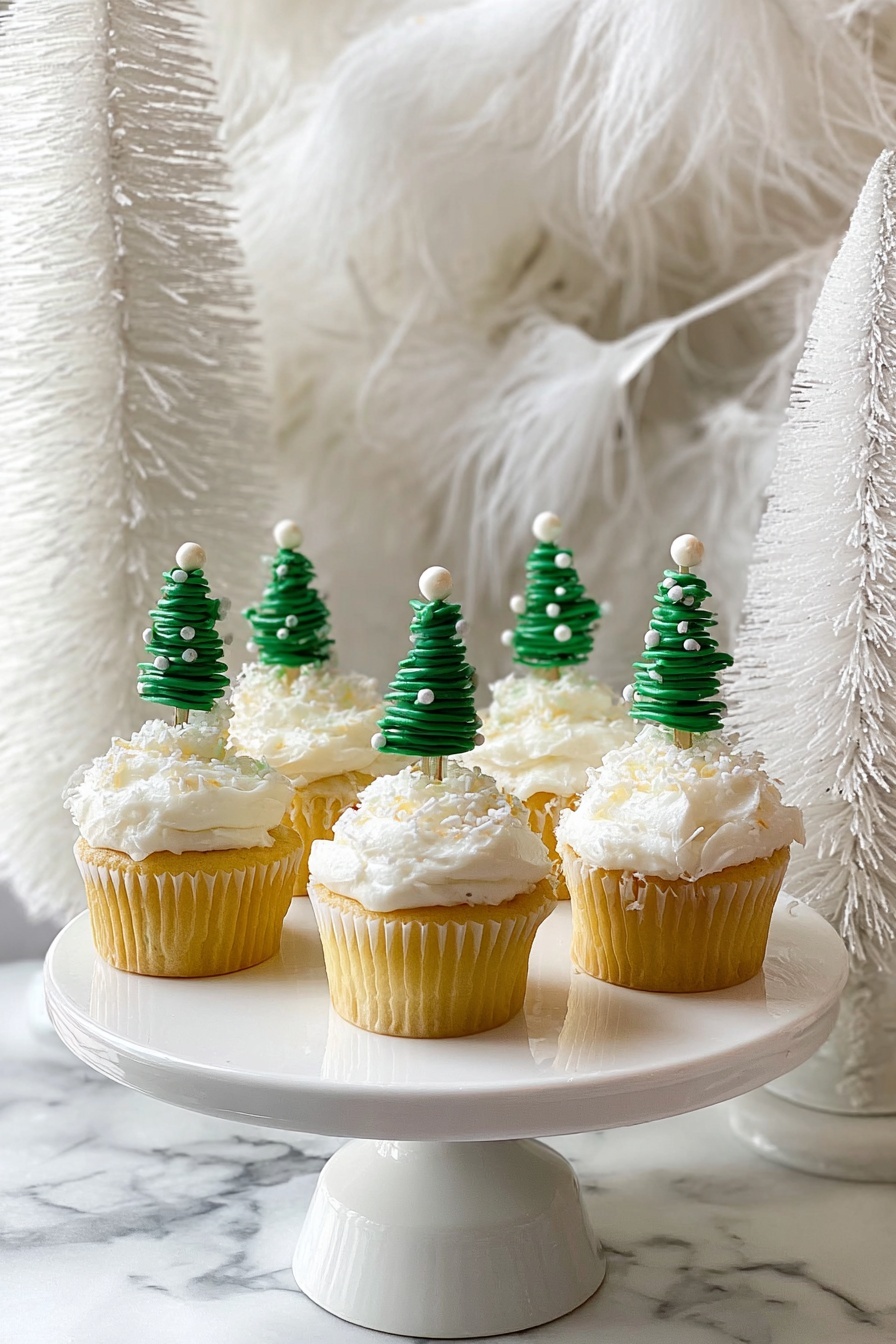 Easy Buttercream Frosting, creamy buttercream frosting, simple frosting recipe, homemade buttercream, fluffy frosting - There are six yellow cupcakes on a white cake stand with a simple round base. Each cupcake has a thick, uneven layer of white frosting on top. Stuck into the frosting of each cupcake is a small green Christmas tree decoration made from a spiral shape, decorated with small white balls to look like snow or ornaments. The background includes soft white feathers and white textured tree shapes, all set on a white marbled surface. photo taken with an iphone --ar 2:3 --v 7