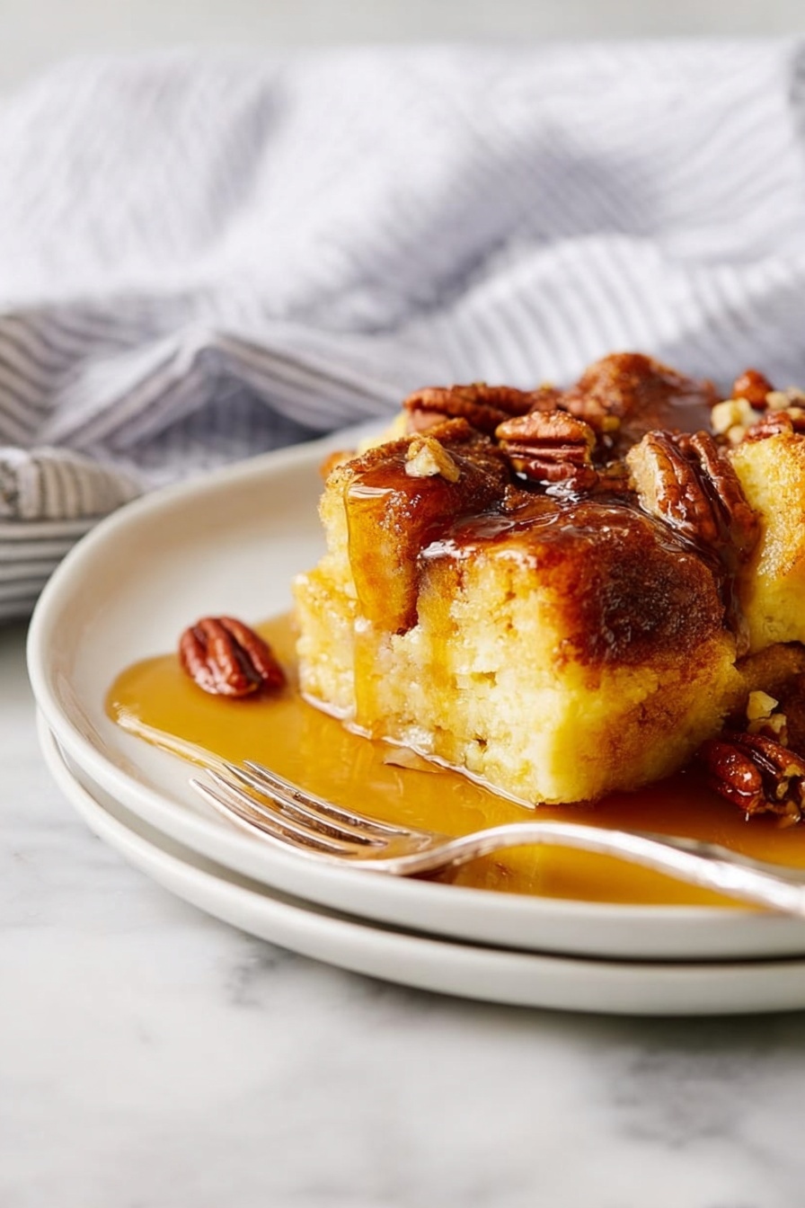 Easy French Toast Casserole with Pecans, French Toast Casserole with Pecans, Breakfast Casserole with Pecans, Easy Breakfast Recipes, Weekend Brunch Ideas - The image shows a white plate with a thick slice of bread pudding that has a golden-brown crust on top and a soft, yellow inside. The bread pudding is topped with a shiny layer of syrup that flows down the sides and pools on the plate. Scattered around the pudding are small pieces of brown pecans, adding texture and color contrast. A silver fork is placed near the edge of the plate, resting on a white marbled surface. In the background, a white and gray striped cloth is slightly blurred, giving a cozy and simple setting. photo taken with an iphone --ar 2:3 --v 7