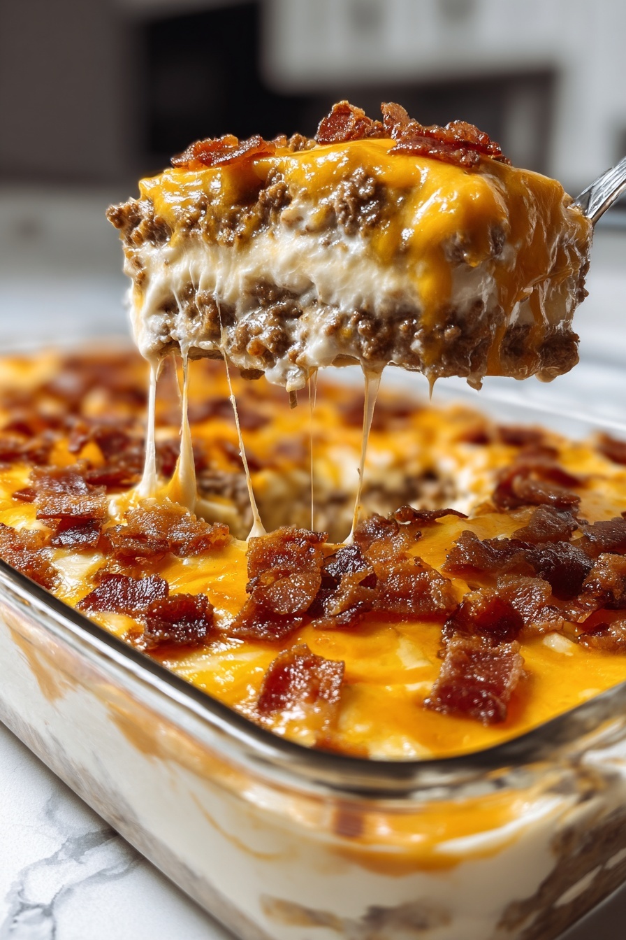 Crack Breakfast Casserole, breakfast casserole recipe, easy breakfast casserole, savory breakfast bake, make-ahead breakfast casserole - A clear glass rectangular dish filled with a multi-layered casserole placed on a white marbled surface, showing three layers from the side: the bottom layer is ground beef, followed by a creamy white sauce layer, topped by bright orange melted cheese, generously covered with small crispy pieces of cooked bacon. A fork is scooping out a portion from the corner of the dish, lifting some of the layers with visible melted cheese stretching slightly. The kitchen background is blurred with soft lighting, focusing on the rich textures and colors of the dish. photo taken with an iphone --ar 2:3 --v 7