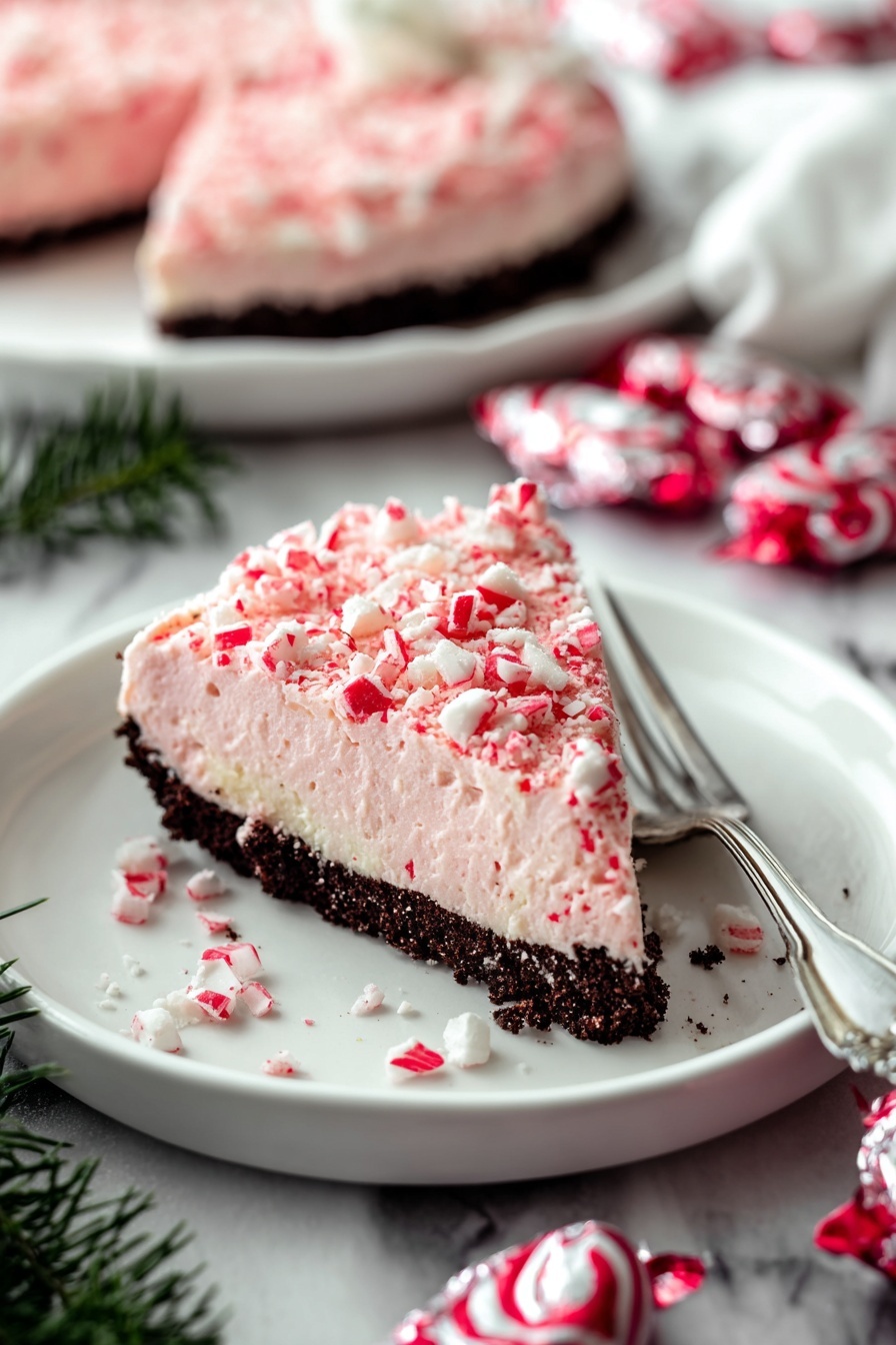 No-Bake Peppermint Kisses Pie, peppermint kisses pie, festive no-bake dessert, holiday peppermint pie, simple mint pie recipe - A slice of dessert with two layers sits on a white plate with a silver fork on the right side. The bottom layer is dark brown and firm, looking like a crumbly base. The top layer is thick, creamy, and light pink, covered with small white and red crushed pieces scattered on top. In the background, more of the dessert is on a white plate, and red-and-white striped candy pieces are scattered nearby, some still in shiny wrappers. The surface under everything is a white marbled texture with some green pine leaves in the lower part of the image. photo taken with an iphone --ar 2:3 --v 7