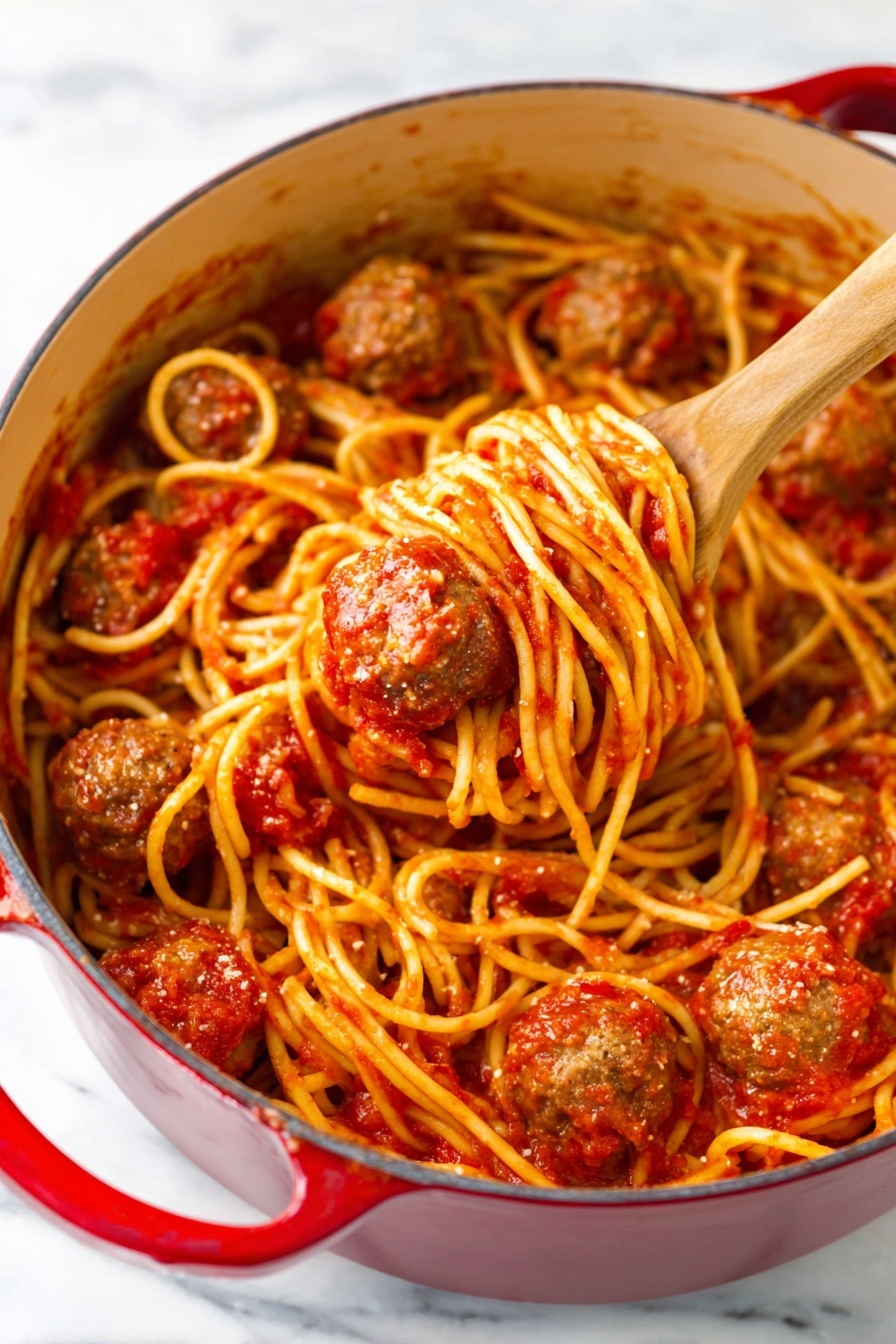 Spaghetti and Meatballs, easy spaghetti and meatballs, homemade meatballs, quick Italian dinner, comforting pasta recipe - A red pot filled with long yellow spaghetti noodles mixed with chunky red tomato sauce, evenly coating the noodles. There are several round brown meatballs spread through the noodles, some partially covered in sauce. A wooden spoon is lifting one meatball and some noodles, showing the texture of the sauce and meatballs clearly. The pot is placed on a white marbled surface. photo taken with an iphone --ar 2:3 --v 7