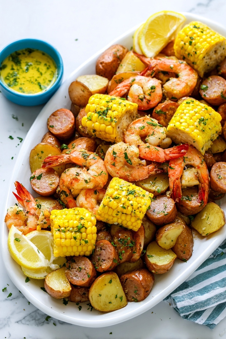 Old Bay Shrimp Boil, seafood boil recipe, seafood boil with Old Bay, shrimp boil easy, seafood feast - A large white oval plate is filled with three main layers: the first layer is a base of halved small roasted potatoes with a golden-brown skin; the second layer includes thick slices of browned sausage scattered evenly; the top layer features cooked pink shrimp with tails on, mixed with bright yellow corn on the cob pieces cut into thick rounds, all sprinkled with chopped green herbs. On the edge of the plate, there are two lemon wedges in a bright yellow color. The plate sits on a white marbled surface with a small blue bowl of yellow garlic butter sauce garnished with herbs nearby. Photo taken with an iphone --ar 2:3 --v 7