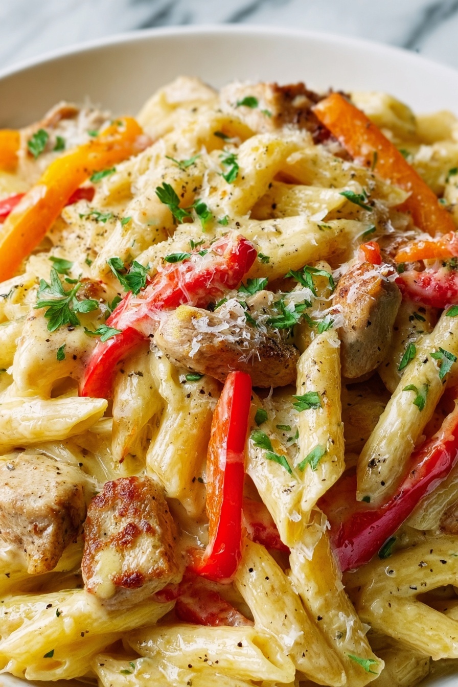 Creamy Cajun Chicken Pasta, Cajun chicken pasta, easy Cajun pasta recipe, cheesy Cajun pasta dish, spicy chicken pasta - The image shows a close-up of a white bowl filled with a creamy pasta dish. The pasta is penne, light yellow in color, coated in a rich, smooth sauce. Mixed in are pieces of light brown cooked chicken and bright red and orange bell pepper slices. Small green parsley leaves are scattered on top, adding a fresh touch. The dish is also sprinkled with grated cheese and black pepper, which add texture and small contrasting colors. The bowl sits on a white marbled surface. Photo taken with an iphone --ar 2:3 --v 7