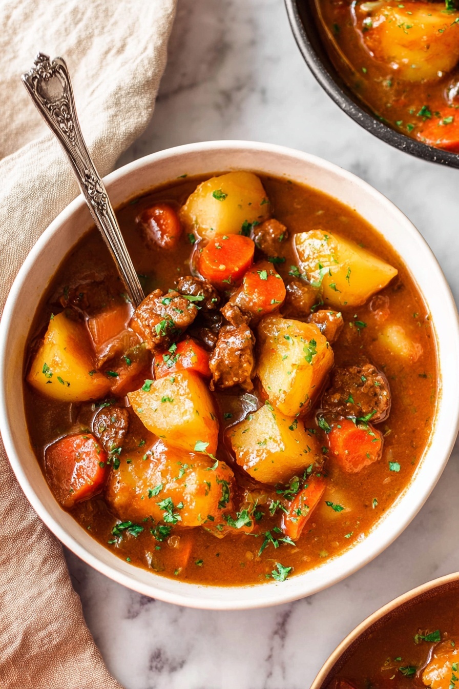 Vegan Irish Stew Gardein Beefless Tips, Vegan Irish Stew, Plant-Based Irish Stew, Vegetarian Irish Stew, Vegan Irish Stew Recipe - The image shows a white bowl filled with a thick stew made of large, soft potato chunks, round carrot slices, and browned meat pieces in a rich, brownish-orange sauce. Fresh green herbs are sprinkled on top for color contrast. A silver spoon with an ornate handle is resting inside the bowl, partially submerged in the stew. The bowl is placed on a white marbled surface with a beige cloth partially visible in the upper left corner. Part of another similar bowl is visible at the top right edge. photo taken with an iphone --ar 2:3 --v 7