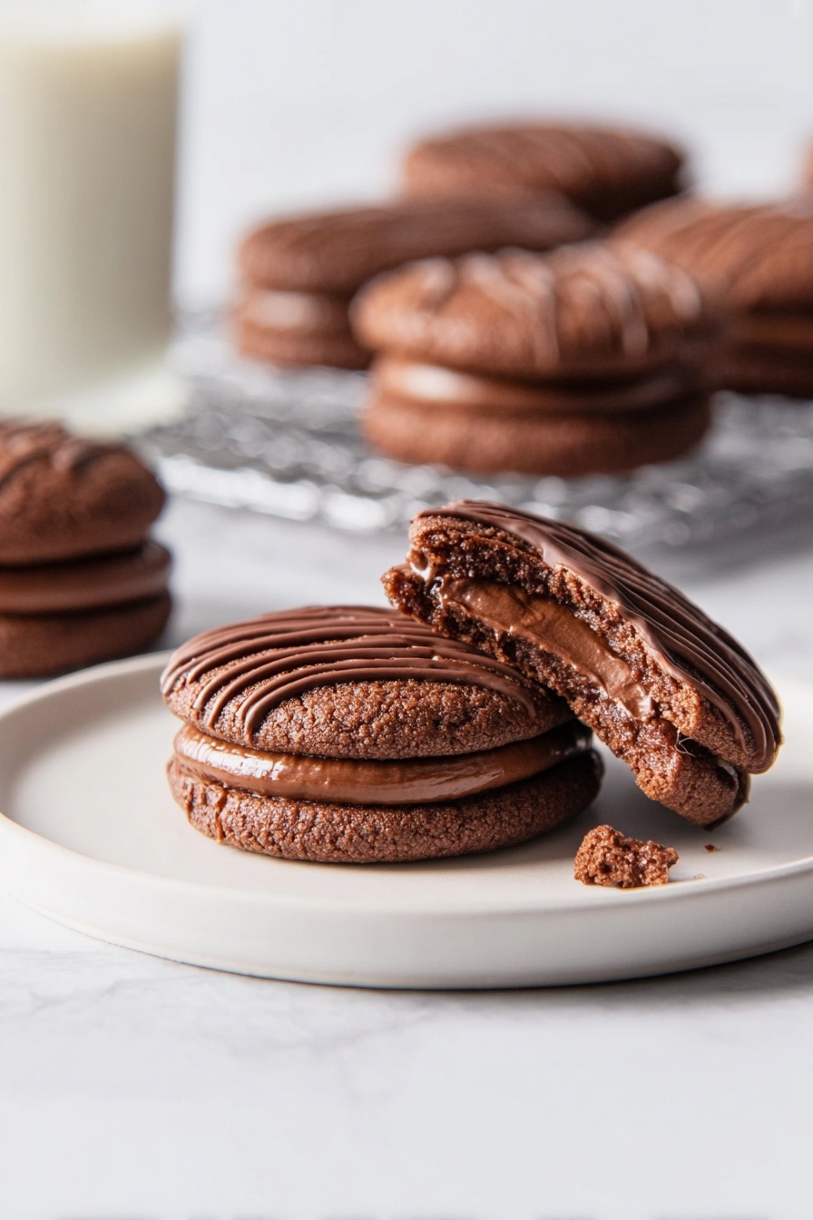 Chocolate Fudge Rounds Cookies, fudgy chocolate cookies, homemade chocolate sandwich cookies, easy chocolate cookie recipes, decadent cocoa cookies - The image shows a pile of round chocolate sandwich cookies on a white plate, placed on a white marbled surface. Each cookie has two dark brown, soft textured layers with a smooth chocolate cream filling in the middle. The top layer of each cookie is decorated with five thin wavy lines of shiny chocolate drizzle. The cookies have a slightly rough surface texture with small air holes visible. Photo taken with an iphone --ar 2:3 --v 7