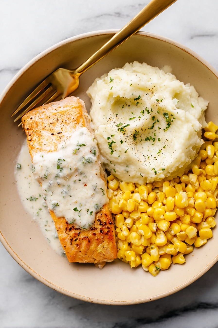 Creamy Lemon Salmon, lemon salmon recipe, creamy salmon dish, quick salmon dinner, gourmet salmon with lemon - The image shows four pieces of golden-brown fish fillets, each topped with a creamy white sauce that has a smooth, slightly thick texture with small green herb flakes. The fillets lie in a pool of the same white sauce. There are two lemon wedges visible, one partially submerged in the sauce and one resting on the side, with bright yellow skin and pale juicy interiors. The background is a white marbled texture. photo taken with an iphone --ar 2:3 --v 7