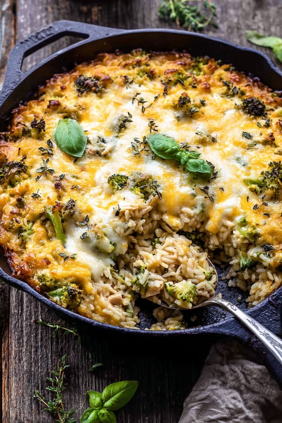 Cheesy Broccoli Orzo Bake, cheesy broccoli pasta bake, creamy orzo casserole, easy broccoli pasta recipe, one skillet pasta with cheese - A black cast-iron pan filled with a baked casserole showing at least three layers: the bottom layer consists of cooked rice mixed with small pieces of broccoli and shredded chicken, the middle layer has melted cheese with both white and orange shades evenly spread, and the top layer is a slightly browned cheese crust dotted with green basil and thyme leaves. A silver spoon scoops out a portion, revealing the soft texture of the rice and broccoli underneath the cheesy surface. The pan rests on a textured wooden table with some green leaves scattered nearby. photo taken with an iphone --ar 2:3 --v 7