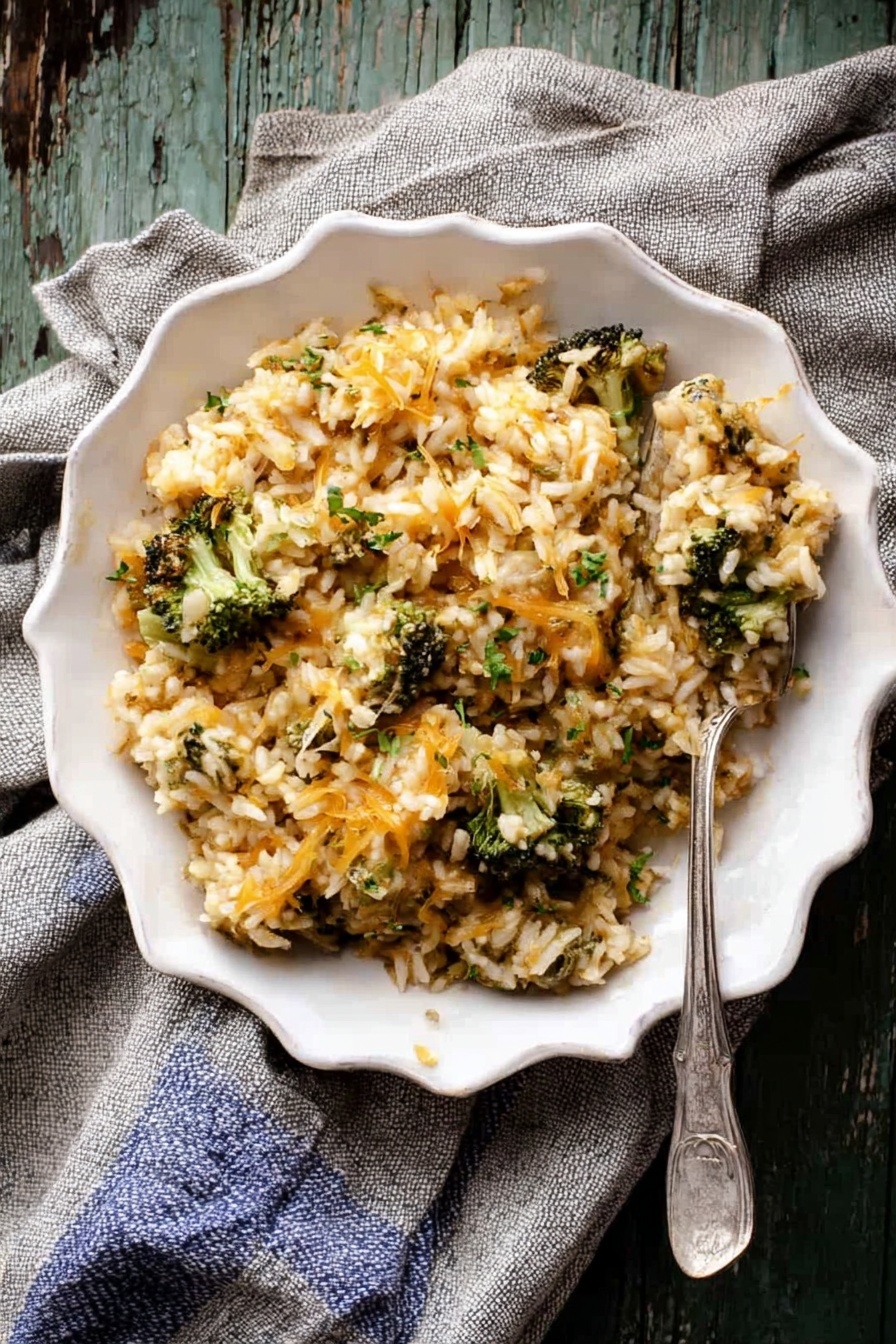 Cheesy Broccoli Orzo Bake, cheesy broccoli pasta bake, creamy orzo casserole, easy broccoli pasta recipe, one skillet pasta with cheese - The image shows a baked dish with a golden, bubbly layer of melted cheese on top that looks slightly crispy at the edges. Underneath the cheese are visible chunks of green broccoli and a mix of rice or small pasta, which seem soft and mixed well with creamy sauce. Fresh green basil leaves and small sprigs of herbs are scattered on top as garnish. The dish is in a dark round pan placed on a white marbled surface with a silver serving spoon slightly scooping some of the baked food, revealing the cheese stretching and the mixed texture inside. photo taken with an iphone --ar 2:3 --v 7
