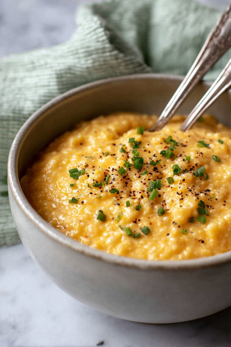 Cheesy Quinoa, cheesy quinoa recipe, creamy quinoa dish, quick quinoa dinner, vegetarian cheese quinoa - A light gray bowl is filled with a creamy, slightly lumpy dish that has a warm yellow-orange color. The surface is sprinkled with small pieces of green herbs and tiny black pepper specks, adding contrast to the warm color. Two silver spoons rest inside the bowl. The bowl sits on a white marbled surface with a soft-focus green and white cloth in the background. photo taken with an iphone --ar 2:3 --v 7