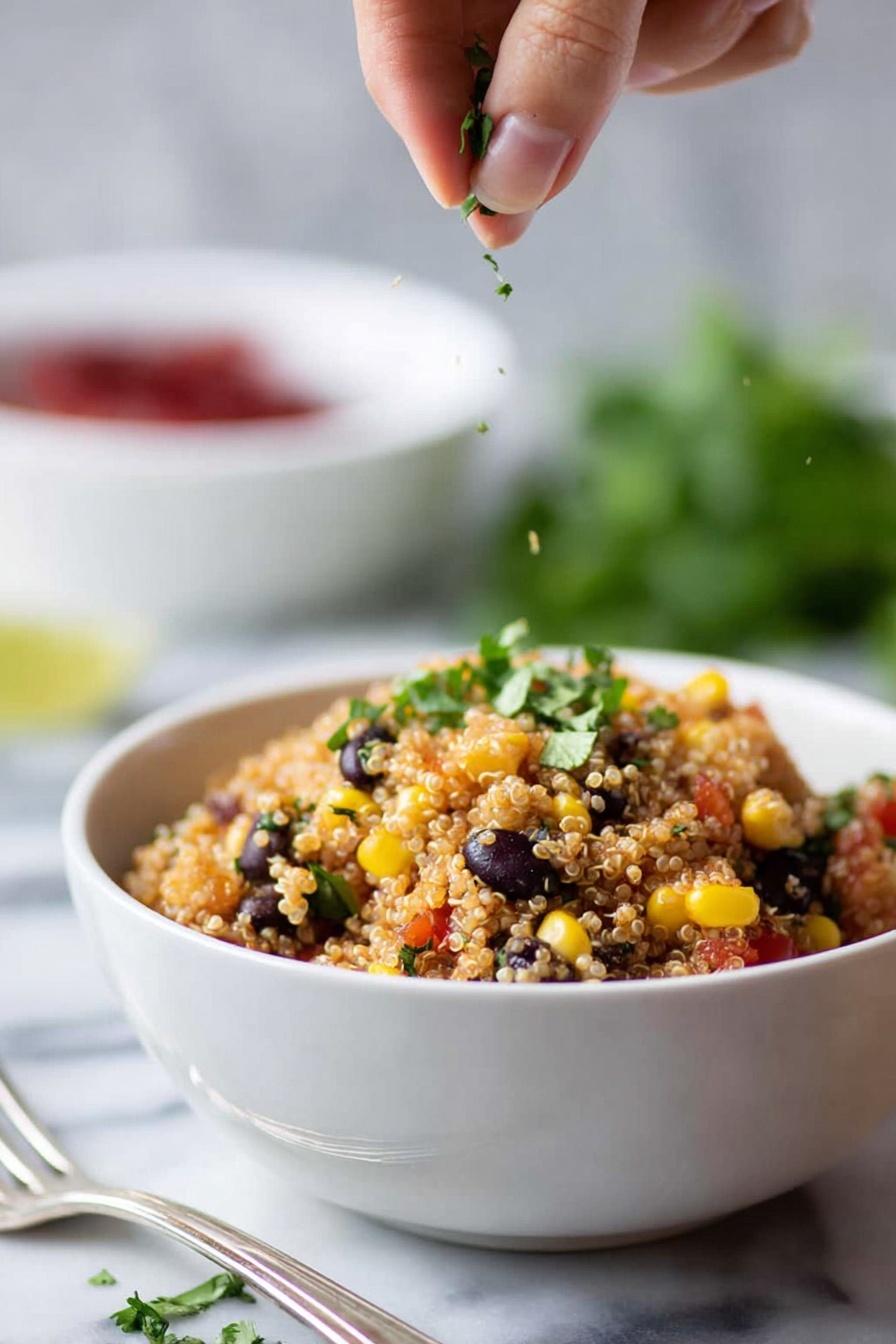 Easy Mexican Quinoa Bowl, Mexican Quinoa Bowl, healthy quinoa bowls, quick weeknight dinner, flavorful vegetarian meals - A white bowl filled with quinoa salad showing a mix of colors and textures; the base layer is light brown quinoa, mixed with black beans, yellow corn kernels, and small red tomato pieces scattered throughout. On top, small green cilantro leaves are visible, some being sprinkled by a woman's hand from above. The background surface is white marbled with a blurred white bowl with red ingredients in the top left background and some green cilantro on the left side of the image. A silver fork rests beside the bowl on the white marbled surface photo taken with an iphone --ar 2:3 --v 7