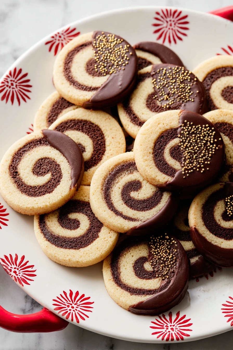 Chocolate Pinwheel Cookies, swirly cookie recipe, vanilla and chocolate cookies, easy cookie baking, decorative cookie recipes - A plate of spiral cookies is shown on a white ceramic plate with red flower-like designs and a red handle on a white marbled surface. Each cookie has two main layers: one light beige and one dark brown swirled together to form a spiral pattern. Some cookies are plain, showing only the two-layer swirl, and others are half dipped in dark chocolate with small golden sprinkles on the chocolate side. The cookies are arranged in a stacked, overlapping way that fills the plate and spills slightly onto the surface around it. Photo taken with an iphone --ar 2:3 --v 7