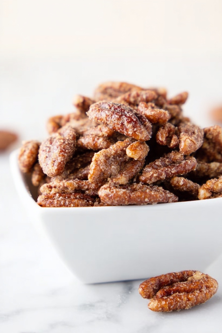 Cinnamon Sugar Roasted Pecans, cinnamon pecans, roasted pecan snack, sweet pecan treats, gift-worthy pecans - A white bowl filled with many pieces of sugared pecans piled high, each pecan piece covered in a crunchy, sparkling sugar layer giving a rough texture with colors ranging from light brown to darker brown on the nuts themselves. Some pieces show the clear shape of the pecan's ridges while others look more clustered with sugar crystals. The bowl sits on a white marbled surface with a soft, out-of-focus background of more pecans. photo taken with an iphone --ar 2:3 --v 7