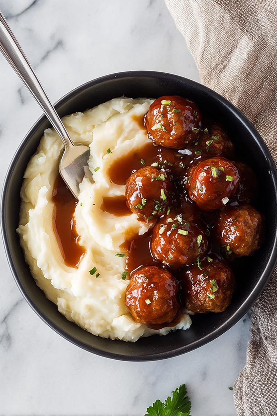 Bourbon Slow Cooker Meatballs, bourbon meatballs, slow cooker meatballs, easy bourbon meatballs, flavorful meatball recipe - A black bowl on a white marbled surface holds a serving of mashed potatoes and meatballs. The mashed potatoes form a soft, creamy layer on one side, with a smooth texture and three streaks of dark brown gravy on top. On the other side, a cluster of round, shiny meatballs covered in thick brown sauce are garnished with small green herb pieces. A silver spoon rests partially sunk into the mashed potatoes, angled towards the bowl's edge. A small parsley leaf lies nearby on the surface. photo taken with an iphone --ar 2:3 --v 7