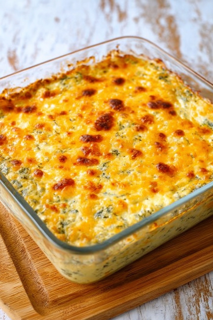 Bacon Spinach Artichoke Dip, cheesy bacon spinach dip, easy bacon appetizer, crowd-pleasing dip recipes, baked spinach artichoke dip - A glass square dish filled with a baked casserole that shows a golden brown melted cheese layer on top with small patches of darker brown, indicating a crispy texture. Below the cheese layer, a creamy mixture with visible green bits, likely herbs or vegetables, fills the rest of the dish. The dish is set on a wooden board, all photographed with a white marbled background visible around the edges. The overall look is warm and inviting with a soft, bubbly texture under the cheese layer photo taken with an iphone --ar 2:3 --v 7