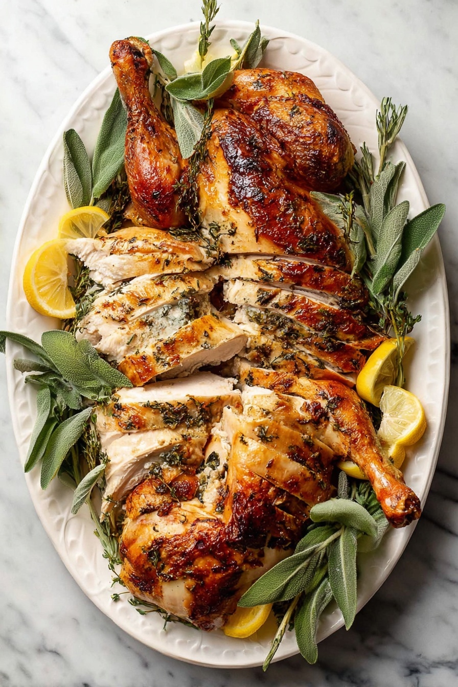 Herb Butter Roast Turkey, Herb Butter Turkey, Roast Turkey with Herbs, Juicy Roast Turkey, Crispy Skin Turkey - A white oval plate sits on a white marbled surface, holding a cooked whole chicken sliced into thick pieces. The chicken skin is golden brown with a slightly crispy texture and visible herbs cooked into the surface. Two large legs, one at the top center and one at the bottom center of the plate, remain whole with browned skin. The breast and thigh meat in the middle are sliced in even layers, showing tender white meat inside. Around the chicken, fresh green herbs like sage and thyme are scattered, along with wedges of bright yellow lemon that add a fresh look. photo taken with an iphone --ar 2:3 --v 7