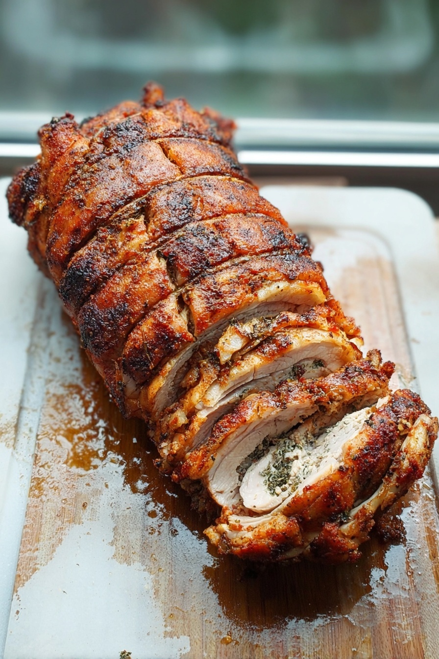 Porchetta with Fennel and Herbs, Italian Roast Pork, Fennel Herb Roast Recipe, Gourmet Pork Belly Roast, Elegant Holiday Pork Dish - The image shows a rolled and roasted meat log sliced into several pieces. The outer layer is crispy and golden brown with a textured crust, while the inner layers reveal well-cooked, juicy meat with a mix of white and pinkish shades, and some herbs visible inside. The slices are neatly arranged on a wooden board with some meat juices pooling around them. The background is softly blurred with a bright light source coming from behind. photo taken with an iphone --ar 2:3 --v 7