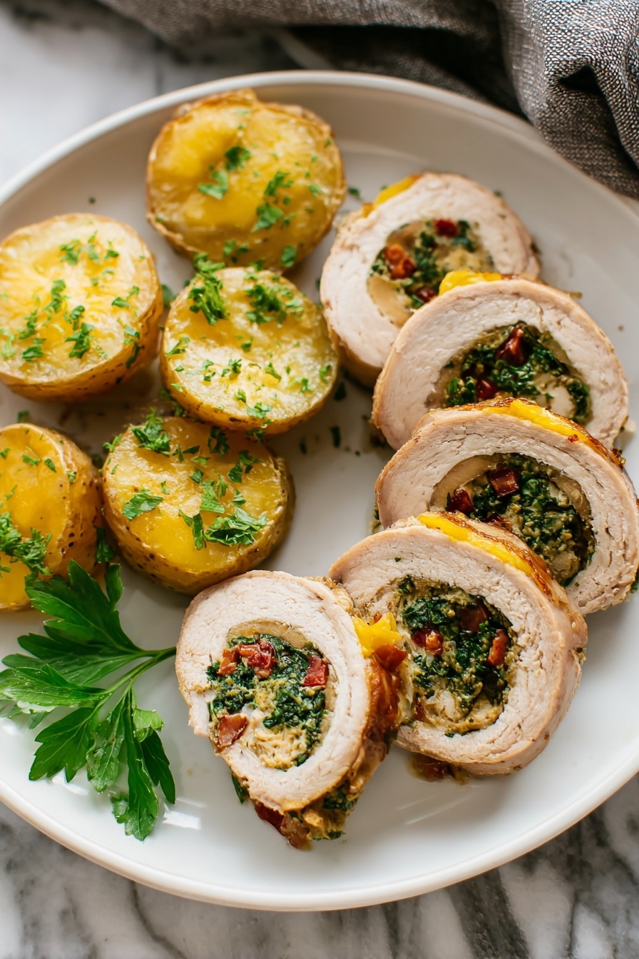 Stuffed Pork Tenderloin with Sun-Dried Tomatoes, stuffed pork tenderloin, sun-dried tomato pork, elegant pork dinner, easy stuffed pork recipe - A white plate holds five slices of rolled meat arranged in a loose circle on one side, each slice showing a spiral of light brown meat wrapped around a colorful filling of green leafy vegetables and small bits of red, with melted yellow cheese inside. On the other side of the plate, there are six golden-brown roasted potato rounds speckled with green herbs, with a sprig of fresh flat green parsley placed beside them. The plate is placed on a white marbled surface, and part of a gray cloth is visible in the background. photo taken with an iphone --ar 2:3 --v 7