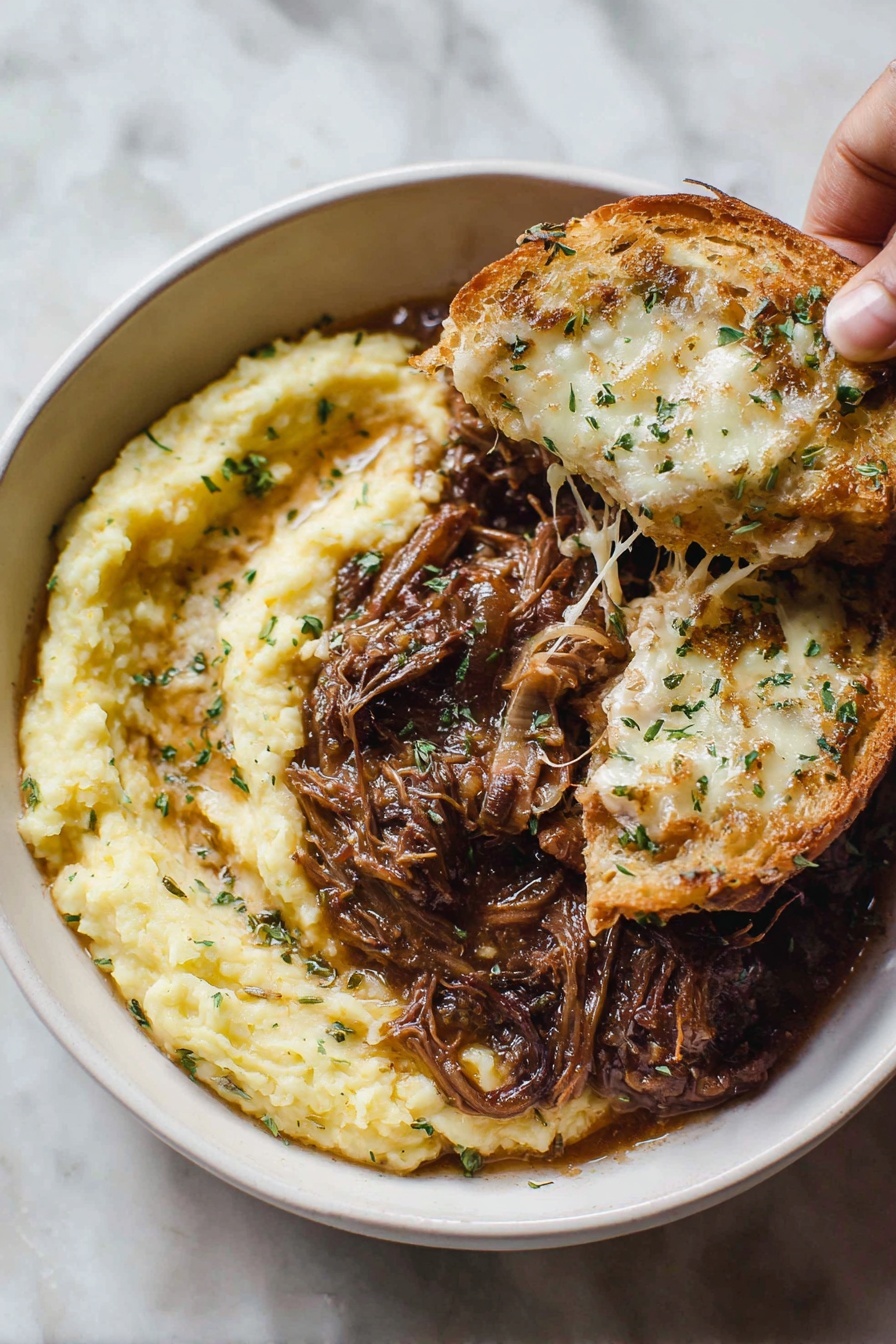French Onion Pot Roast, French Onion Pot Roast recipe, hearty French roast with onions, caramelized onion pot roast, rustic French beef dish - A white bowl on a white marbled surface holds three main layers of food. On the left side is a thick, smooth yellowish mashed dish, textured lightly with small lumps and bits of herbs. On the right side, there is a dark brown shredded meat dish covered in a rich, glossy sauce with visible herbs and small pieces of onion. Two pieces of toasted bread sit on top of the meat near the center of the bowl; each piece is covered with melted, slightly browned cheese. A woman's hand lifts one bread slice, showing stringy cheese and meat on its surface. Photo taken with an iphone --ar 2:3 --v 7