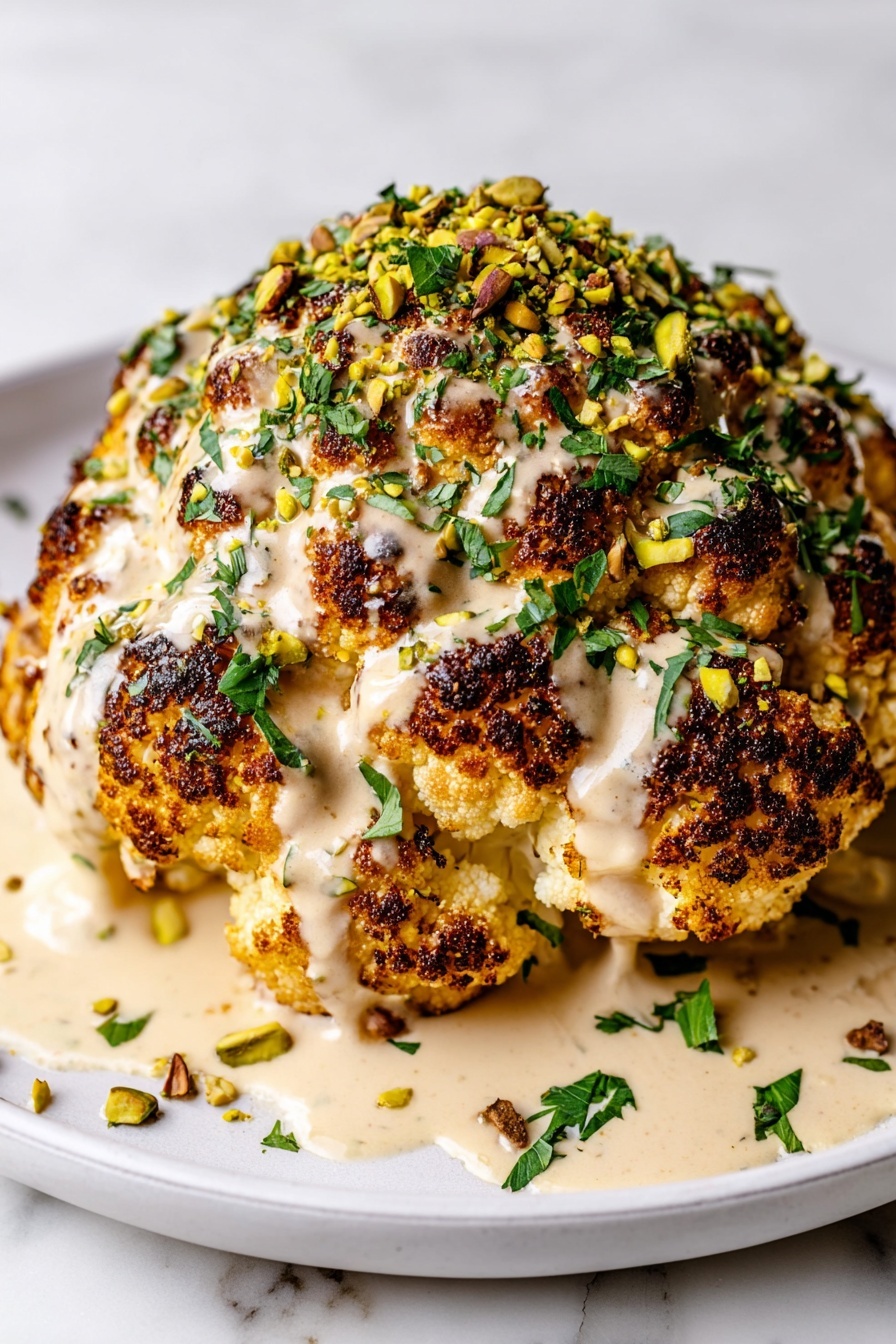 Roasted Cauliflower with Tahini Sauce, roasted cauliflower recipe, tahini sauce ideas, healthy roasted cauliflower, easy vegetarian dinner - A whole roasted cauliflower with a golden brown, slightly charred surface sits in the center of a white plate on a white marbled texture. It is covered with a creamy light beige sauce that drips down the sides, and topped with chopped green herbs and crushed pistachios, adding a touch of green and brown texture. Some sauce drops and herb pieces are scattered around the plate near the base of the cauliflower, giving a fresh and inviting look. Photo taken with an iphone --ar 2:3 --v 7