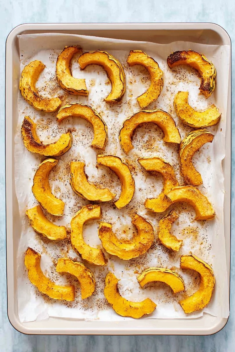 Roasted Delicata Squash,Delicata Squash Side Dish,Healthy Squash Recipes,Fall Vegetable Recipes,Easy Roasted Squash - The image shows a white baking tray lined with parchment paper, filled with roasted slices of delicata squash spread out evenly. The squash pieces are crescent-shaped with a golden yellow color, some edges browned and slightly crispy. The surface of the tray has small specks of seasoning and oil, giving a roasted and textured look. The white marbled background contrasts softly with the warm colors of the squash. photo taken with an iphone --ar 2:3 --v 7