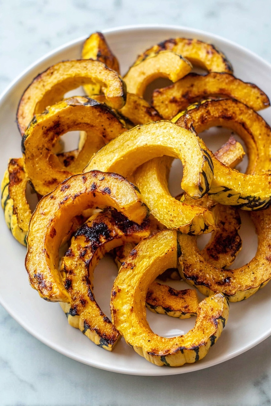 Roasted Delicata Squash,Delicata Squash Side Dish,Healthy Squash Recipes,Fall Vegetable Recipes,Easy Roasted Squash - A white plate is filled with several slices of roasted delicata squash, arranged in a casual pile. Each slice has a curved crescent shape with a yellow-orange color and browned, slightly charred edges. The texture looks soft yet slightly crisp on the outside, with dark grill marks and some blackened spots scattered across the smooth surfaces. The plate sits on a white marbled background that contrasts with the warm tones of the squash. photo taken with an iphone --ar 2:3 --v 7