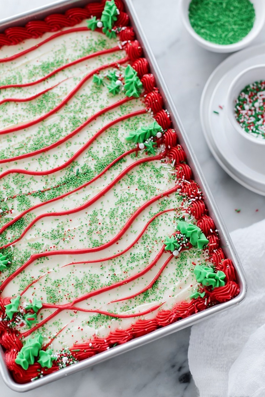 Christmas Tree Sheet Cake with White Chocolate Buttercream, festive holiday cake, Christmas cake recipe, white chocolate buttercream frosting, holiday dessert ideas - The image shows a rectangular cake in a metal pan with a smooth white frosting base covered with fine green sprinkles. The cake has a border made of thick, bright red piped icing around the edges, decorated with small green tree-shaped sprinkles and thin red, white, and green rod sprinkles. Wavy lines of the same bright red icing run across the top of the cake, evenly spaced and parallel. The cake sits on a white marbled surface next to a small white bowl filled with green sprinkles and a white plate partly visible. Photo taken with an iphone --ar 2:3 --v 7