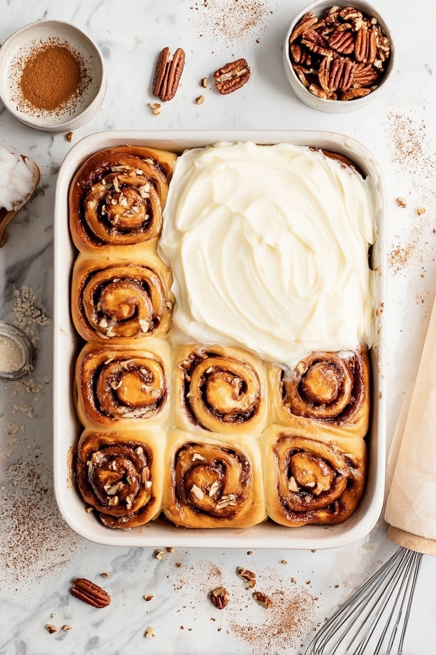 Soft Apple Cinnamon Rolls, Apple Cinnamon Rolls, Homemade Cinnamon Rolls, Fluffy Cinnamon Roll Recipe, Autumn Breakfast Treats - A white square pan filled with nine golden-brown cinnamon rolls with a spiraled shape and bits of nuts inside, arranged in three rows and three columns. The rolls cover the entire pan, with a large smooth layer of creamy white frosting spread on the bottom left half of the rolls, while the top and right side remain unfrosted, showing the shiny cinnamon filling. The pan sits on a white marbled surface sprinkled lightly with flour and cinnamon powder. Small bowls of cinnamon powder and pecans are placed at the top right and top left corners, along with a metal whisk and a dough roller partially visible on the bottom right. Photo taken with an iphone --ar 2:3 --v 7