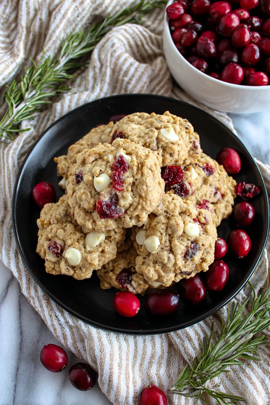Cranberry Oatmeal Cookies, Cranberry Oatmeal Cookies recipe, chewy cranberry cookies, healthy cranberry cookies, white chocolate cranberry cookies - A black plate holds a pile of oatmeal cookies mixed with white chocolate chunks and red cranberries, with a few fresh cranberries placed on the plate around the cookies. The plate is set on a white marbled surface surrounded by a beige and white striped cloth. In the background, part of a white bowl filled with fresh cranberries is visible, and in the foreground, green rosemary branches with scattered cranberries add a fresh touch. The photo taken with an iphone --ar 2:3 --v 7