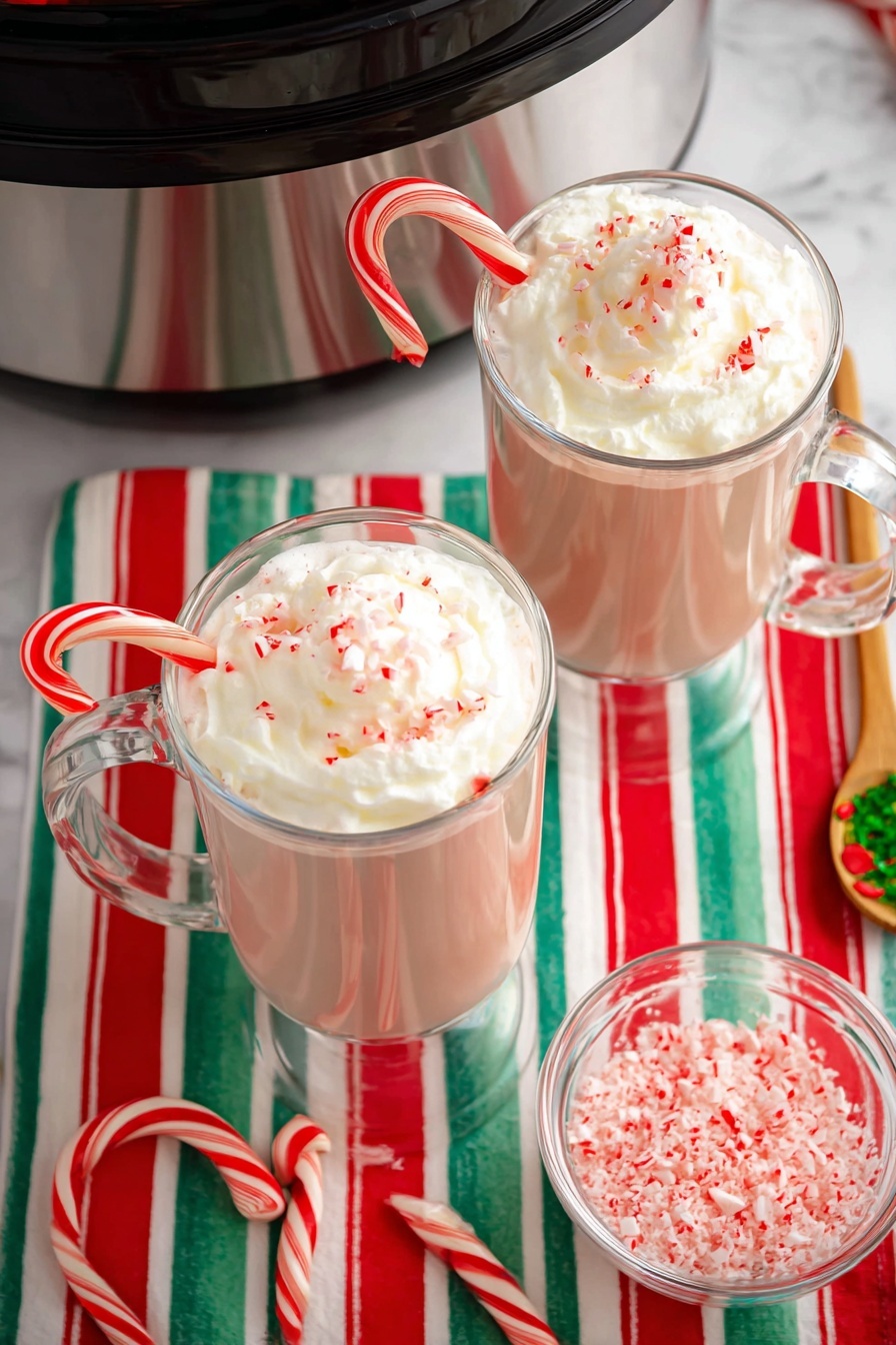 Candy Cane White Hot Chocolate, White Hot Chocolate with Peppermint, Festive Hot Chocolate Drink, Easy Holiday White Hot Chocolate, Slow Cooker Hot Chocolate - Two tall clear glass mugs filled with a light brown drink topped with thick white whipped cream sprinkled with small red and white crushed peppermint pieces. Each mug has a red and white striped candy cane hanging on the rim. The glasses sit on a white marble surface covered with a red, green, and white striped cloth. There is a small clear bowl full of crushed peppermint pieces and a wooden spoon with a green and red festive handle nearby. A slow cooker with a shiny silver outer edge and dark interior is partially visible at the top of the image. Two whole candy canes are arranged in a heart shape on the striped cloth near the mugs. Photo taken with an iphone --ar 2:3 --v 7