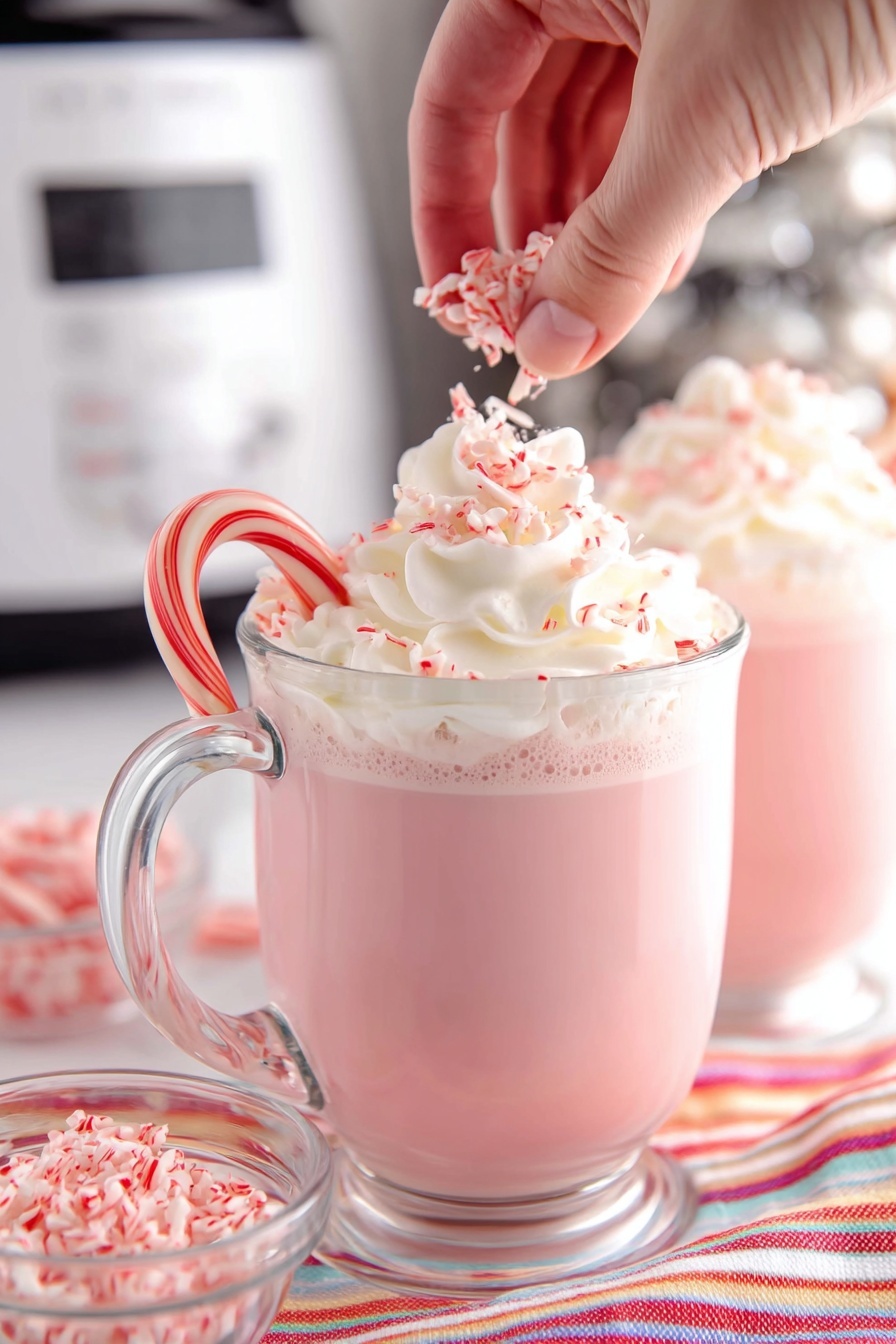 Candy Cane White Hot Chocolate, White Hot Chocolate with Peppermint, Festive Hot Chocolate Drink, Easy Holiday White Hot Chocolate, Slow Cooker Hot Chocolate - The image shows two clear glass mugs filled with a pink drink that has a frothy top layer of light cream. Each mug is garnished with a swirl of white whipped cream on top, and a small candy cane hanging on the rim. In the foreground, a woman's hand is sprinkling crushed red and white candy pieces over the whipped cream on one mug. The mugs sit on a white surface with a colorful striped cloth underneath. The background has a kitchen appliance, slightly blurred, and a small clear bowl holding more crushed candy pieces. The setting is bright and festive with soft natural light. photo taken with an iphone --ar 2:3 --v 7