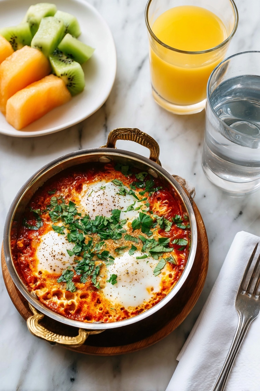 Easy Shakshuka Eggs and Tomatoes, shakshuka breakfast ideas, simple shakshuka recipe, healthy egg dishes, flavorful tomato sauce recipes - A small round metal pan with brass handles sits on a wooden base, filled with a rich, chunky red tomato sauce layered with three soft white poached eggs speckled with black pepper, topped with scattered green chopped parsley. Nearby, a white plate holds slices of bright orange, pale green honeydew melon, and green kiwi, adding fresh color contrasts. To the right of the pan, there is a clear glass of water and a clear glass of bright yellow orange juice, set on a white marbled surface with a folded white napkin and a silver fork beside them. Photo taken with an iphone --ar 2:3 --v 7