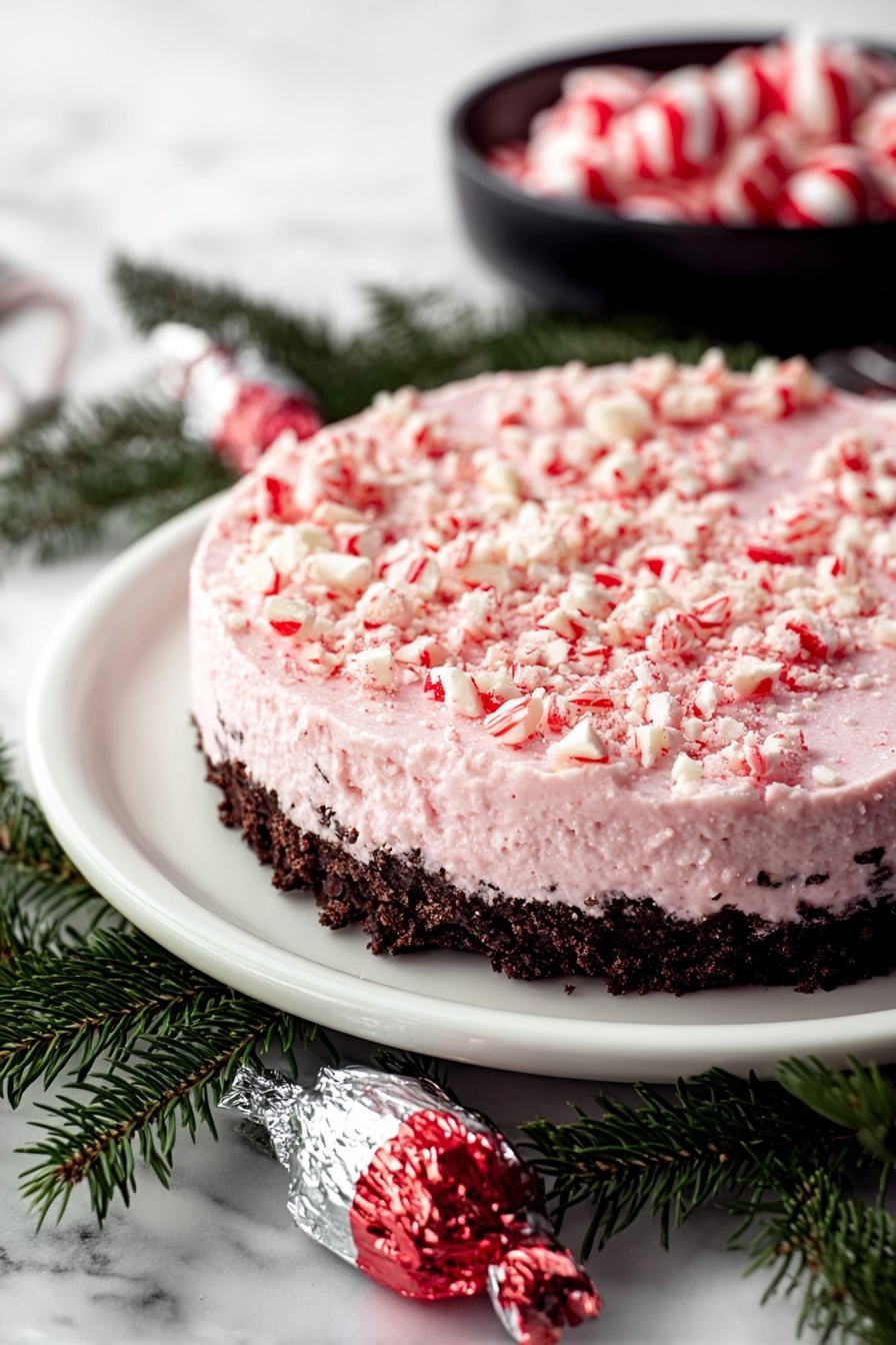 No-Bake Peppermint Kisses Pie, peppermint kisses pie, festive no-bake dessert, holiday peppermint pie, simple mint pie recipe - The image shows a round dessert on a white plate, placed on a white marbled surface. The dessert has two visible layers: the bottom layer is a dark brown, crumbly crust, and the top layer is thick, light pink with a creamy, slightly rough texture. The top is scattered with small pieces of crushed red and white candy, giving it a textured, colorful look. Surrounding the plate are green pine needles, adding a festive touch, with a silver and red wrapped candy in the foreground and a black bowl filled with red and white-striped candies blurred in the background. Photo taken with an iphone --ar 2:3 --v 7