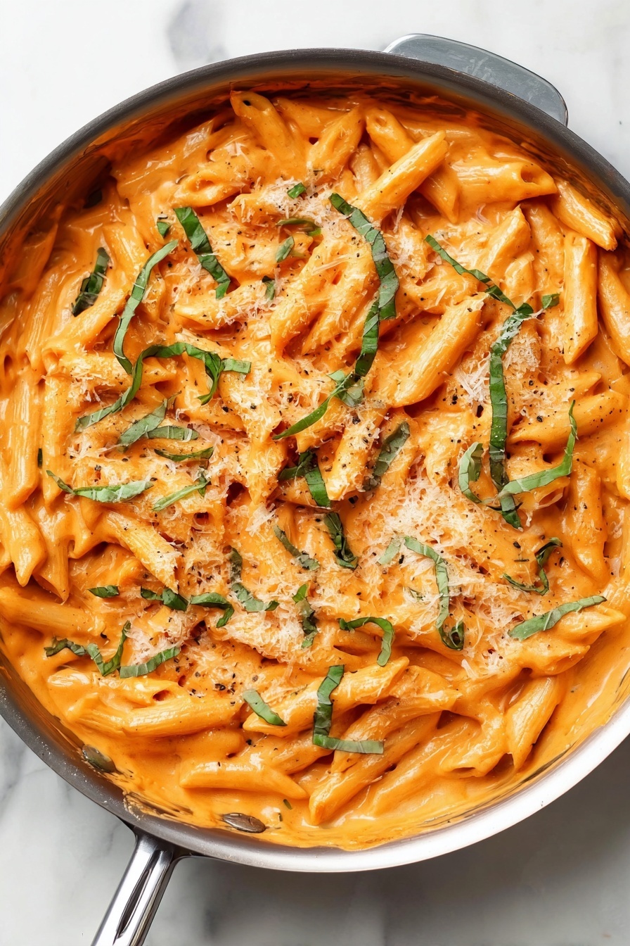 Creamy Penne alla Vodka, pasta recipes, creamy vodka pasta, easy penne pasta, indulgent pasta dishes - The image shows a pan filled with creamy orange pasta made with penne noodles, all covered evenly in a smooth, thick sauce. On top, there are thin green strips of fresh basil scattered, adding a splash of color. There is also a light sprinkle of white grated cheese that contrasts with the orange sauce. The pan is set on a white marbled surface, adding a clean and bright background to the warm tones of the dish. photo taken with an iphone --ar 2:3 --v 7