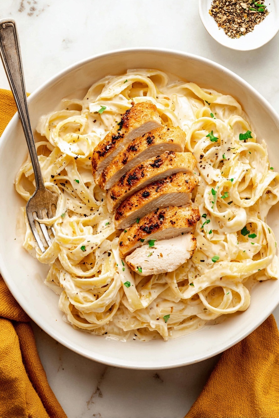 Creamy Fettuccine Alfredo with Chicken, Italian pasta with chicken, easy creamy chicken pasta, homemade Alfredo sauce, quick weeknight dinner - The image shows a close-up of a white bowl filled with wide, flat pasta noodles coated in a creamy, light beige sauce, speckled with small bits of green herbs. On top of the pasta, there are thick pieces of grilled chicken with a browned, slightly crispy outside and a juicy interior, arranged in scattered slices across the noodles. The noodles have a silky texture with visible seasoning of black pepper dots spread evenly. The background is a white marbled surface. photo taken with an iphone --ar 2:3 --v 7