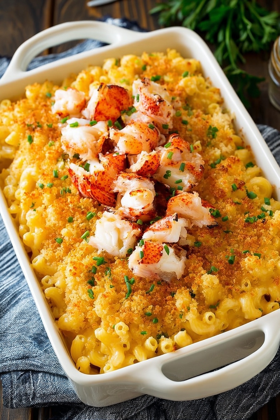 Lobster Mac and Cheese Bake, gourmet seafood pasta, creamy lobster cheese casserole, luxurious mac and cheese with lobster, easy lobster pasta bake - The image shows a baked macaroni and cheese dish in a white rectangular casserole dish with two handles. The dish has three visible layers: the bottom layer is creamy, yellow macaroni pasta, the middle layer features a thick coating of golden, crunchy breadcrumb topping, and the top layer is decorated with small chunks of grilled lobster meat that are white with some charred orange-red edges. Chopped green herbs, likely chives, are sprinkled on top adding color contrast. The casserole dish is placed on a dark wooden surface with a folded blue and white striped cloth in the background, and the overall setting has a cozy and appetizing feel. The photo taken with an iphone --ar 2:3 --v 7
