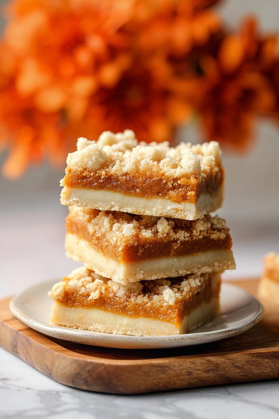 Vegan Pumpkin Crumble Bars, Pumpkin Bars Vegan, Fall Vegan Desserts, Pumpkin Crumble Bars Recipe, Vegan Pumpkin Bars - A stack of three square dessert bars is centered on a white plate resting on a wooden board over a white marbled surface. Each bar has three layers: the bottom layer is a pale beige crust with a smooth texture, the middle layer is a thick, rich orange filling with a slightly bumpy surface, and the top layer is a crumbly, light beige streusel with small clusters and a rough texture. In the background, there is an out-of-focus bunch of bright orange flowers creating a warm, soft look. The photo has a clear, close-up focus on the dessert bars. photo taken with an iphone --ar 2:3 --v 7