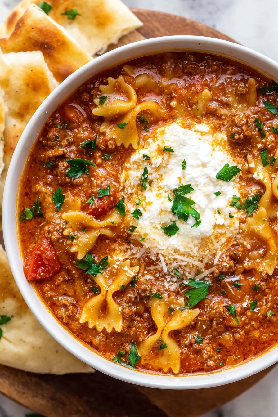 Lasagna Soup with Pasta and Cheese, easy lasagna soup, cheesy soup recipe, hearty tomato soup, weeknight comfort soup - A white bowl filled with a thick soup made of shaped pasta in wavy edges, ground meat, and diced tomatoes in a rich reddish-brown broth, topped with a dollop of white creamy cheese and scattered green herb pieces, placed on a white marbled surface with a corner of golden brown bread visible on the side, photo taken with an iphone --ar 2:3 --v 7